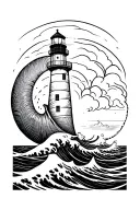 giant nautilus attacking a lighthouse big waves tattoo design idea