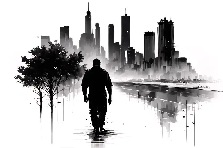 sillhouette of a man walking with a clear past of nature and a blurry future of cityscape tattoo design idea