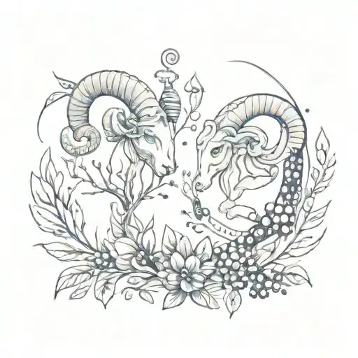 A sketch style tattoo of the Aries and Aquarius zodiac signs intertwined with blueberry branches tattoo design idea