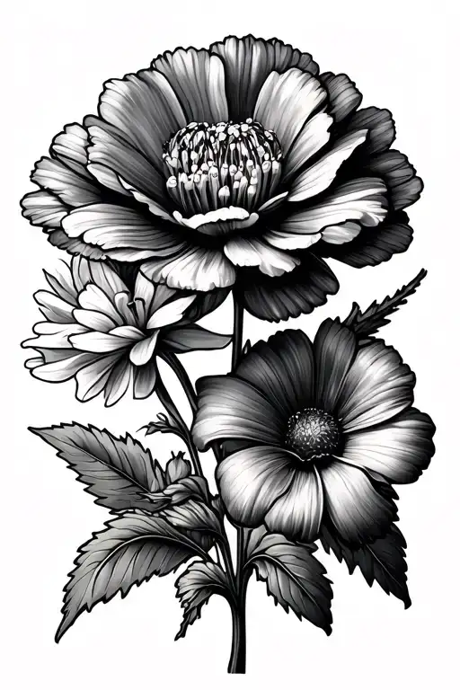 Carnation, snowdrop, Lilly of the valley, hawthorn, daffodil, cherry blossom, aster, morning glory, marigold, cosmos  tattoo design idea
