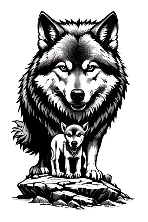 Wolf and little brother on a rocks forming the shape tattoo design idea