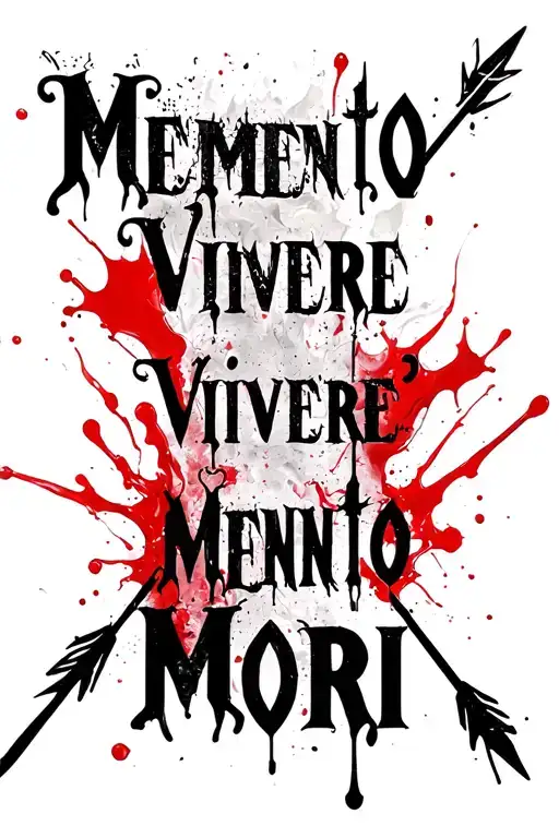 Memento Vivere Memento Mori’ written vertically in bold serif font, with two arrows and a blood-red ink splash  tattoo design idea