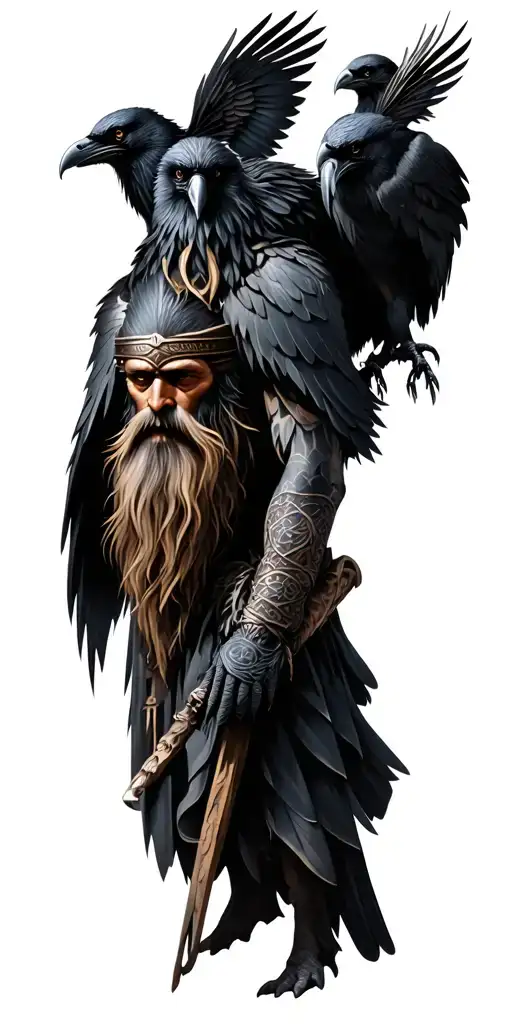 Nordic and slavic mythology, Odin with ravens, leshy and bies tattoo design idea