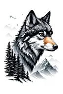 wolf head, bear head, eagle head, fox head, Forrest trees, snow mountains, small silhouette animals  tattoo design idea