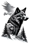 wolf head, bear head, eagle head, fox head, Forrest trees, snow mountains, small silhouette animals  tattoo design idea