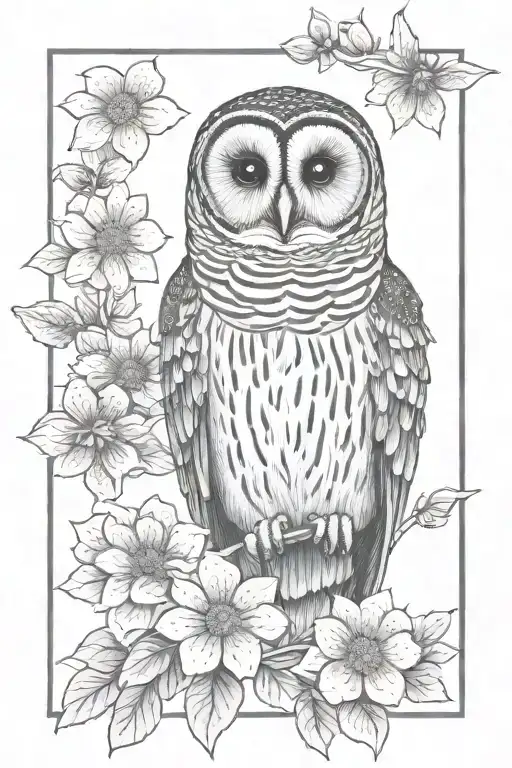 barred owl with flowers tattoo design idea