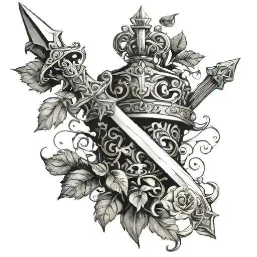 1 sword and crown wrapped in ivy leaves falling tattoo design idea