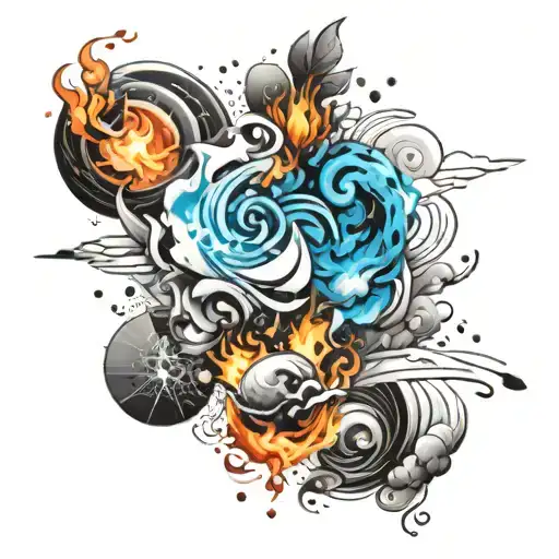 draw me elements of the elements (water, earth, fire, air) in the style of blurred colors black and white version tattoo design idea