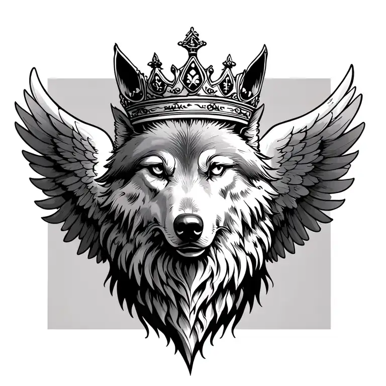 a wing on either side of back with a crown at the top of the spine and something to do with a wolf on the spine tattoo design idea