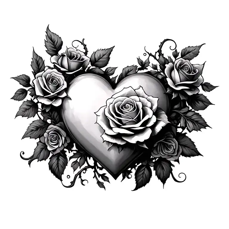 roses and vines wrapped loosely around center heart tattoo design idea