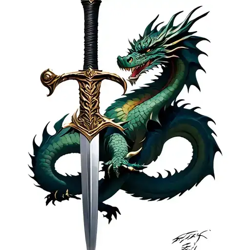 dragon wrapped around a sword tattoo design idea