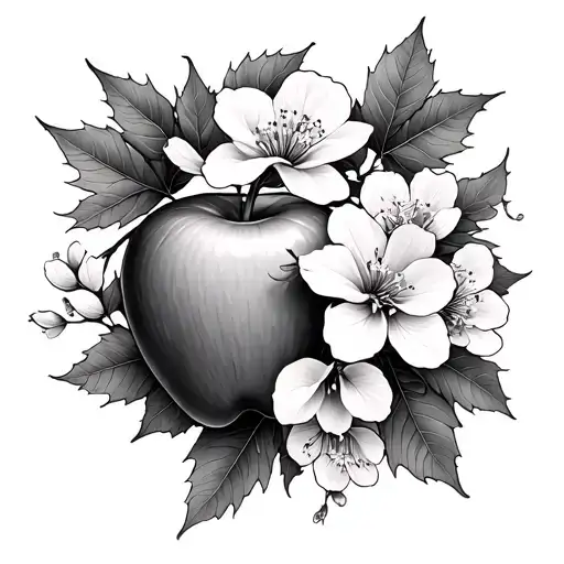 apple blosssom flowers and maple leaves entwined on a winding branch tattoo design idea