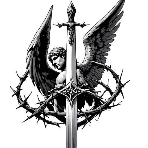 arch angel micheal 's sword with a crown of thorns thinly wrapped tattoo design idea