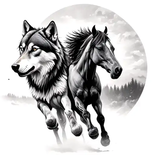 wolves and horses running together tattoo design idea