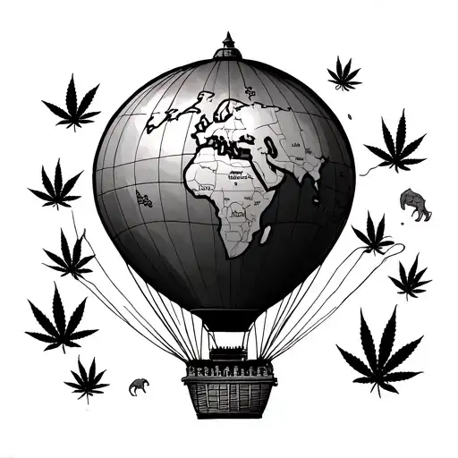 A minimalist design of a hot air balloon with a subtle world map pattern, with small cannabis flowers floating around. Include references to Thailand's temples and elephants, with Bob Marley's signature incorporated into the balloon basket. tattoo design idea
