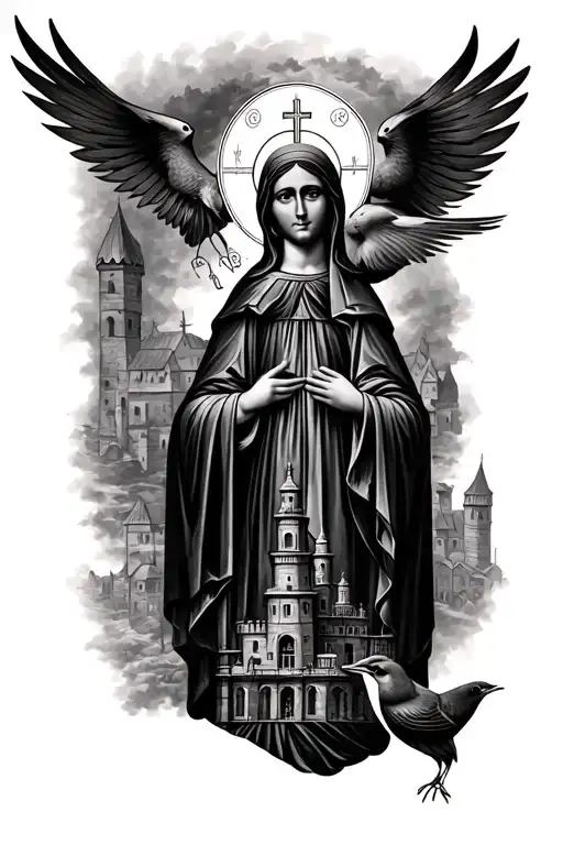 Orthodox black and grey Saint Olga sleeve with medieval city, sparrow, dramatic sacred realism tattoo design idea