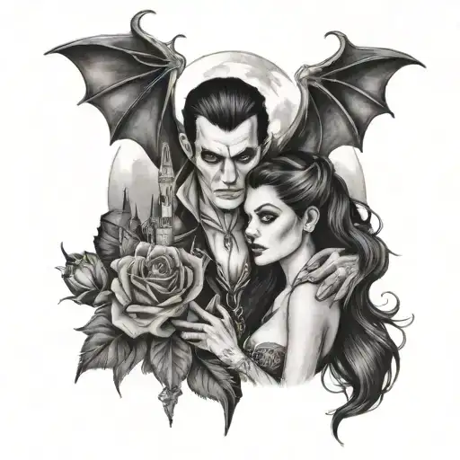Vampire and his lover, holding her in front of his castle handing her a rose tattoo design idea