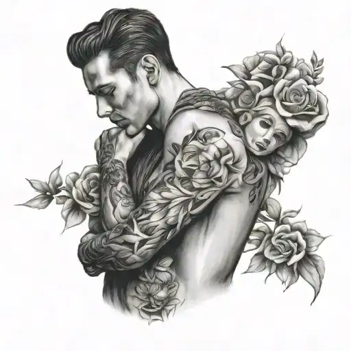 handsome boy hugging beautiful girl from behind with flowers tattoo design idea