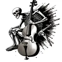The skeleton is depicted in a dynamic pose, concentrating on the double bass, with detailed bones and tools tattoo design idea