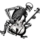 The skeleton is depicted in a dynamic pose, concentrating on the double bass, with detailed bones and tools tattoo design idea
