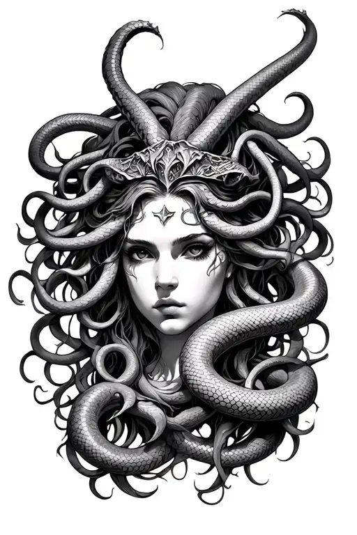 Medusa Gorgona looking straight at you, Powerful, Like a valkyrie, with hair as venomous snakes tattoo design idea