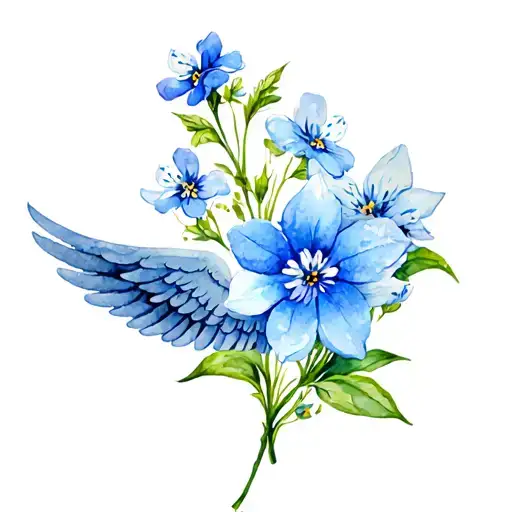 blue forget me not flower with angel wing tattoo design idea