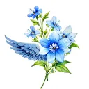 blue forget me not flower with angel wing tattoo design idea