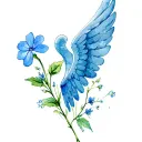 blue forget me not flower with angel wing tattoo design idea