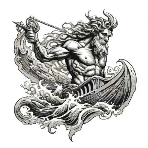 poseidon, ship sailing through stormy seas Neptune looking tattoo design idea