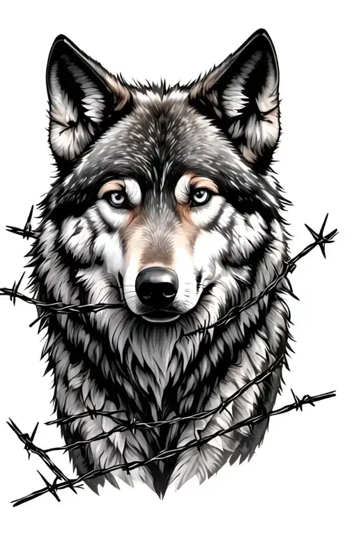 A wolf in a forest surrounded with barbed wires tattoo design idea