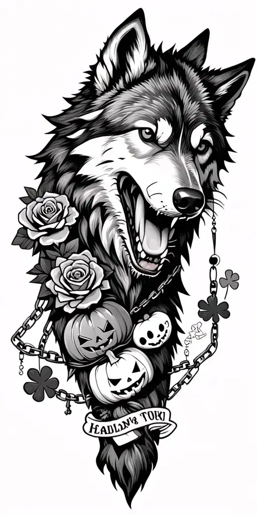 Wolf head biting chain with roses, charms of Hello Kitty, jack-o-lantern, clover, black and gray sleeve tattoo design idea