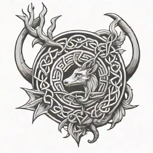 Dora Celtic knot with three arrows white stag and two snakes tattoo design idea