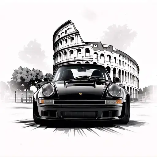 a part colosseum whith a small street below and far away a black porsche 911 from the back  tattoo design idea