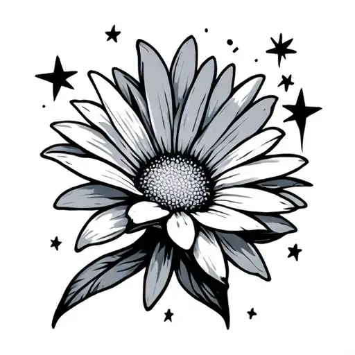 minimalist tattoo of an aster flower with stars and the number 16 hidden in the design tattoo design idea