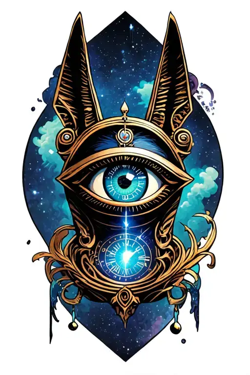 Space With Cosmic Dust Clouds, Anubis with clock in galexy And All Seeing Eye Tattoo tattoo design idea