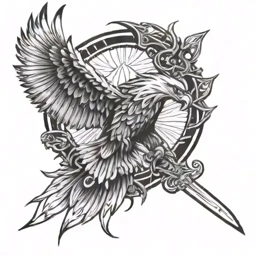   of an forearm tatto consisting ezio aduitores eagle  and his hidden blade and sun and word e and z on sides tattoo design idea