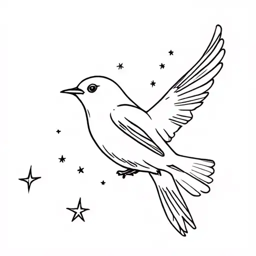 simple outline of robin bird flying with stars in background tattoo design idea