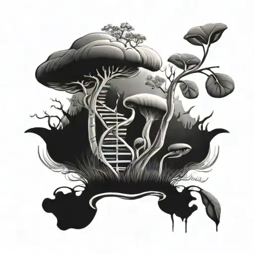 dna double helix mushrooms and a tree growing   tattoo design idea