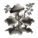 dna double helix mushrooms and a tree growing   tattoo design idea