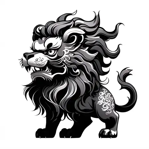 Chinese lion traditional full body brush strokes tattoo design idea