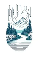 microchip circuit infused with forest with river flowing and  mountain in background  tattoo design idea