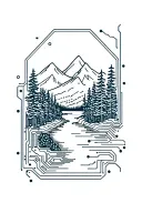 microchip circuit infused with forest with river flowing and  mountain in background  tattoo design idea