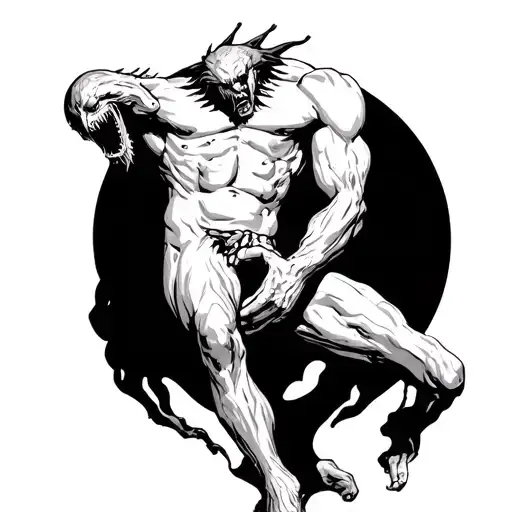 Half-naked sculpture defeats monster tattoo design idea