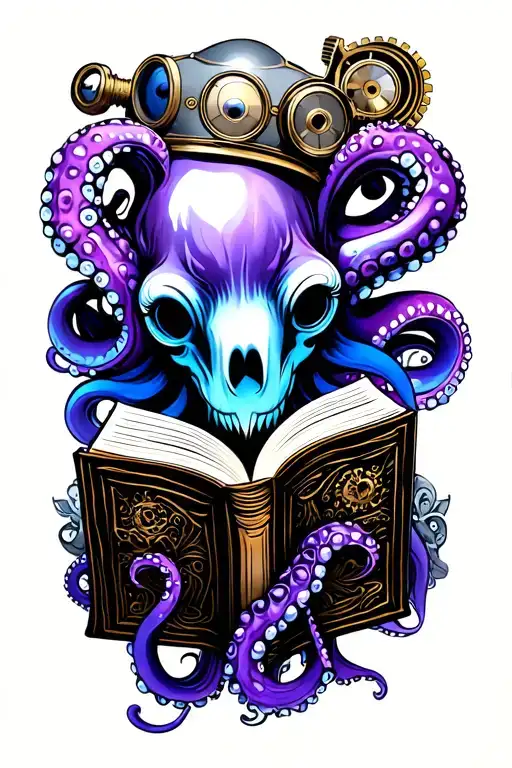 steampunk octopus reading book purple and blue tattoo design idea
