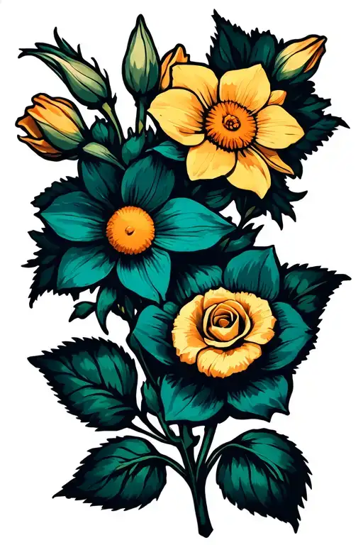 daffodil, daisy, and rose with stem wrapped tattoo design idea