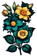 daffodil, daisy, and rose with stem wrapped tattoo design idea