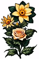 daffodil, daisy, and rose with stem wrapped tattoo design idea