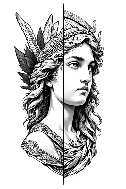 design a black and white half artemis half apollo half sleeve that is very clever and academic looking tattoo design idea