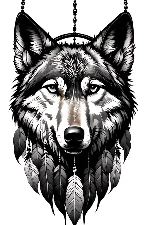 dreamcatcher with wolf tattoo design idea