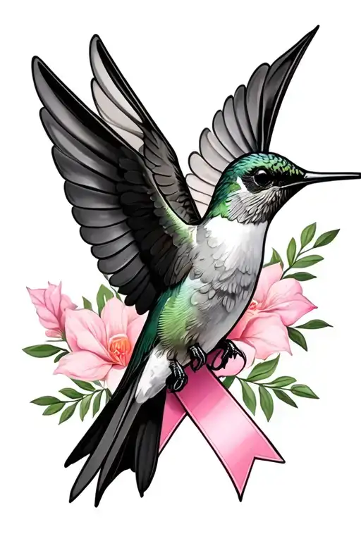 hummingbird and breast cancer ribbon tattoo design idea